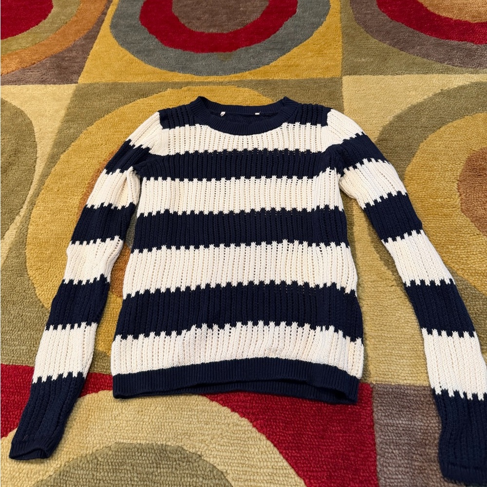 LOFT Navy Cream Striped Crewneck Sweater Open Knit 100% Cotton Women’s Size XS